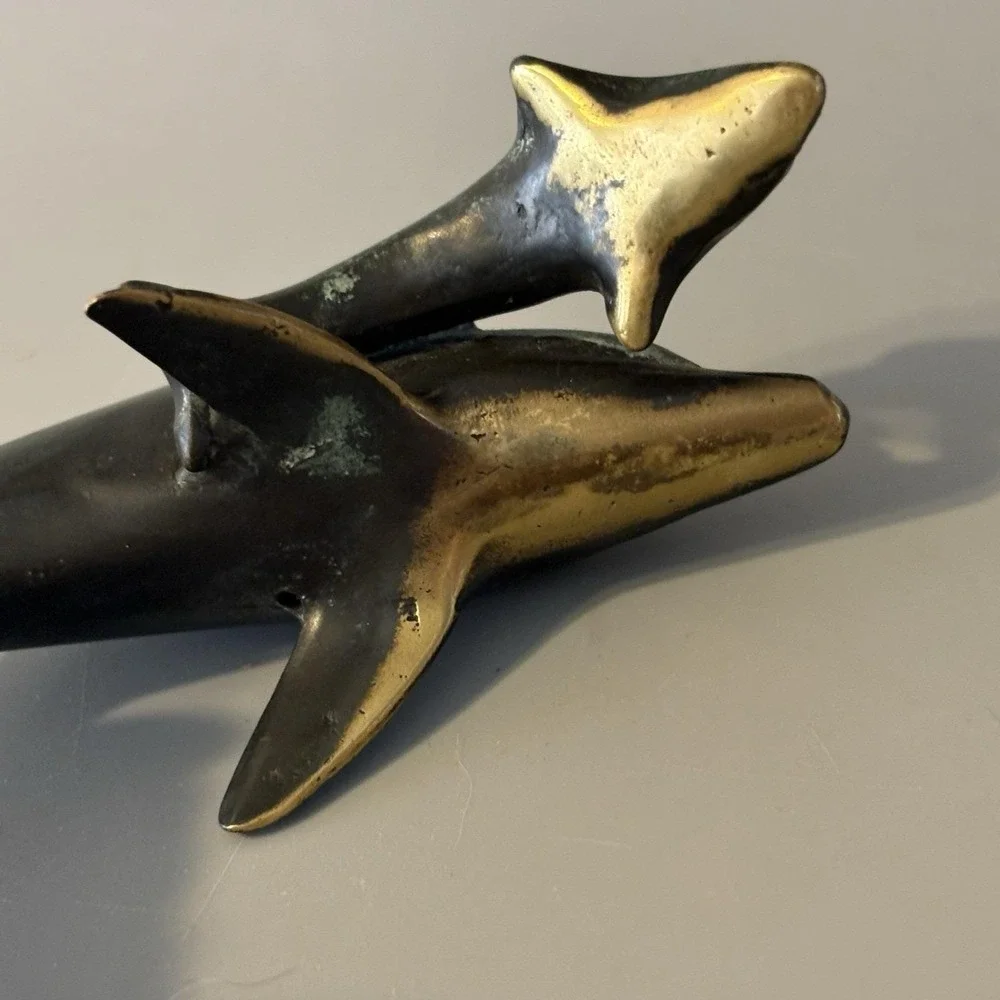 Vintage Verdigris Brass Dolphins Statue Verdigris Marble Base 6